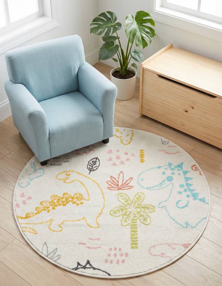 Detail image of 3' 3 x 3' 3 Dinosaur Whimsy Kids Round Rug