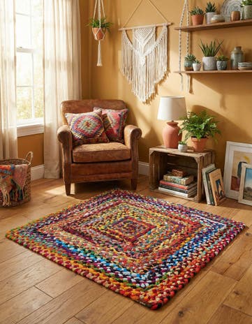 3' 3 x 3' 3 Handmade Braided Chindi Square Rug
