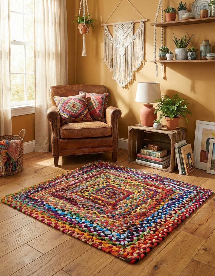 3' 3 x 3' 3 Handmade Braided Chindi Square Rug