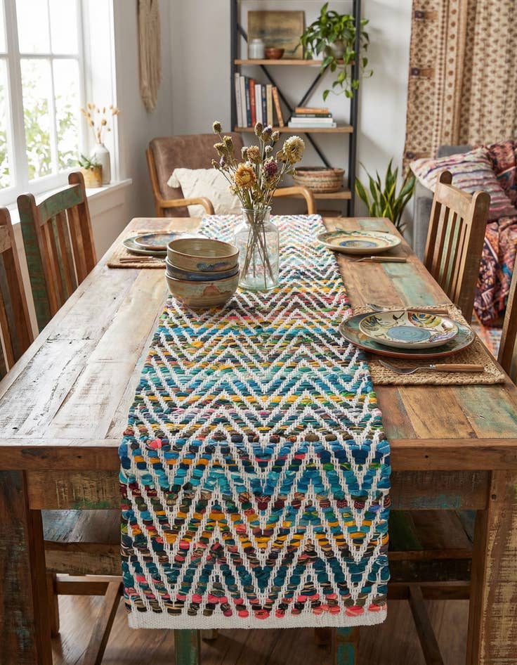 Detail image of 1' 2 x 4' 1  Hand Woven Chindi Chevron Table Runner Rug