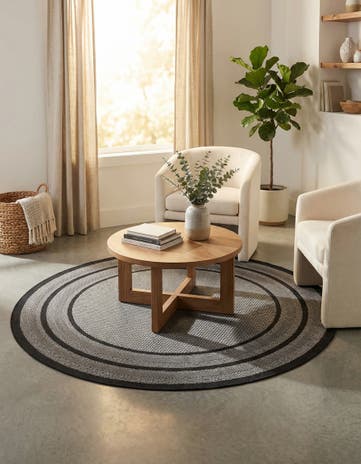 Gray Easy-Clean Border Indoor / Outdoor Round Rug