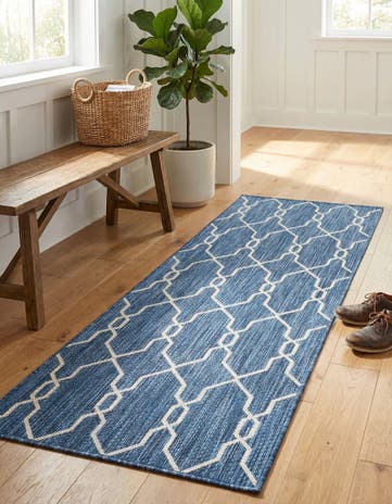 Blue Easy-Clean Lattice Indoor / Outdoor Runner Rug