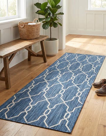 Blue Easy-Clean Lattice Indoor / Outdoor Runner Rug