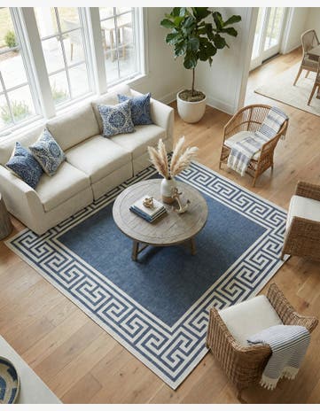 Navy Blue Easy-Clean Coastal Indoor / Outdoor Square Rug