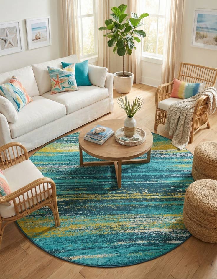 Detail image of 7' x 7'  Washable Coastal Indoor / Outdoor Round Rug
