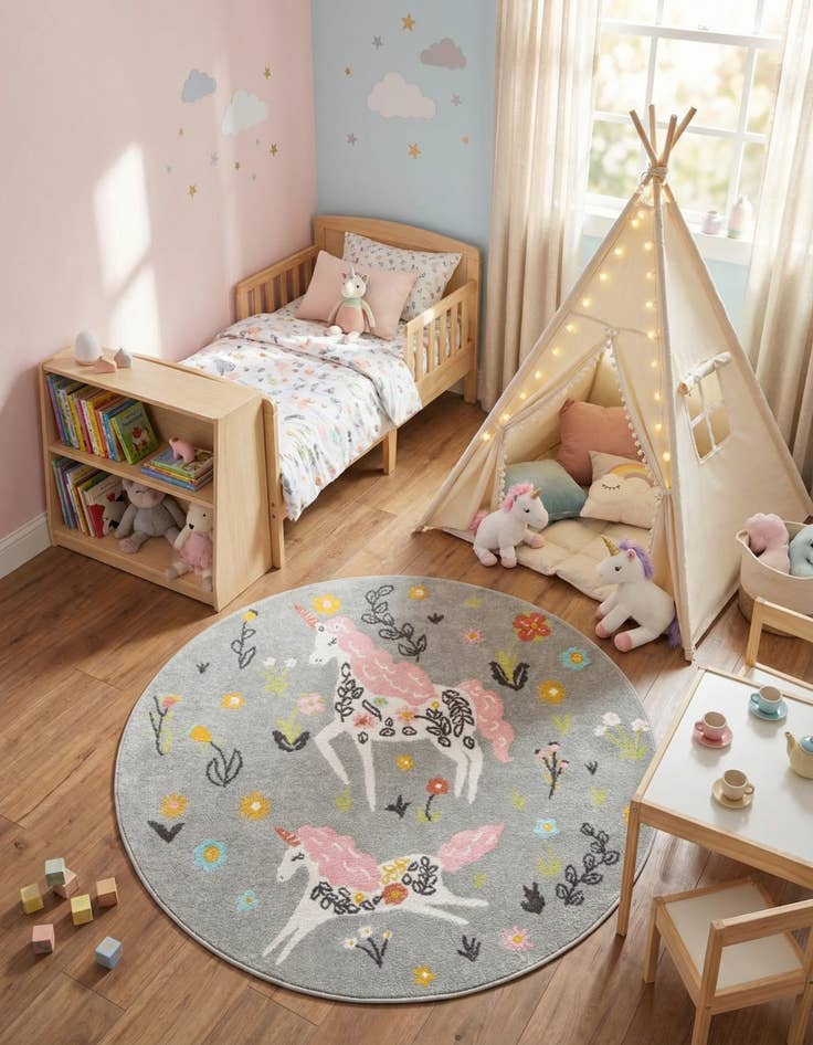Detail image of 5' 3 x 5' 3 Unicorns Whimsy Kids Round Rug