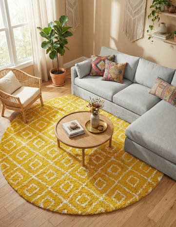 Yellow Lattice Shag Round Rug