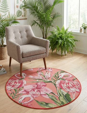Coral Easy-Clean Botanical Indoor / Outdoor Round Rug