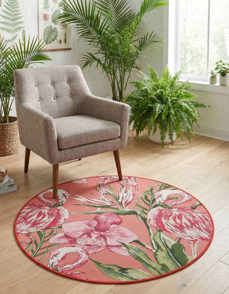 Detail image of 3' x 3' Washable Botanical Indoor / Outdoor Round Rug