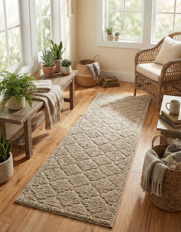 Beige Lattice Shag Runner Rug