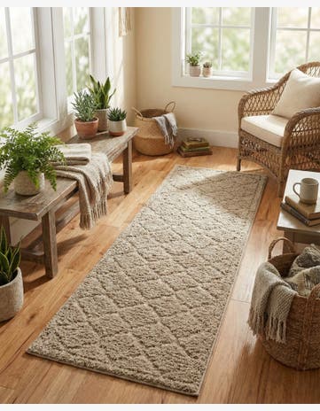 Beige Lattice Shag Runner Rug