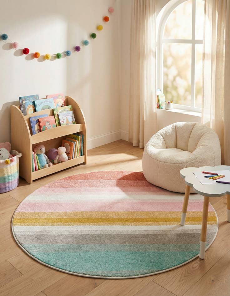 Detail image of 4' 1 x 4' 1 Rainbow Stripes Whimsy Kids Round Rug