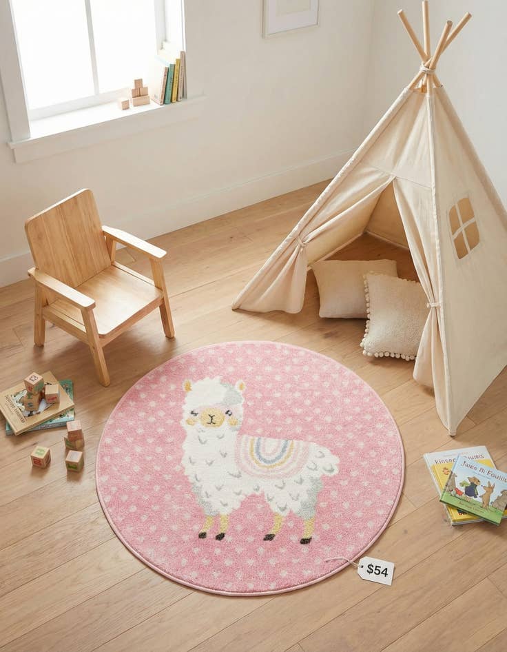 Detail image of  3' 3 x 3' 3 Llama Whimsy Kids Round Rug