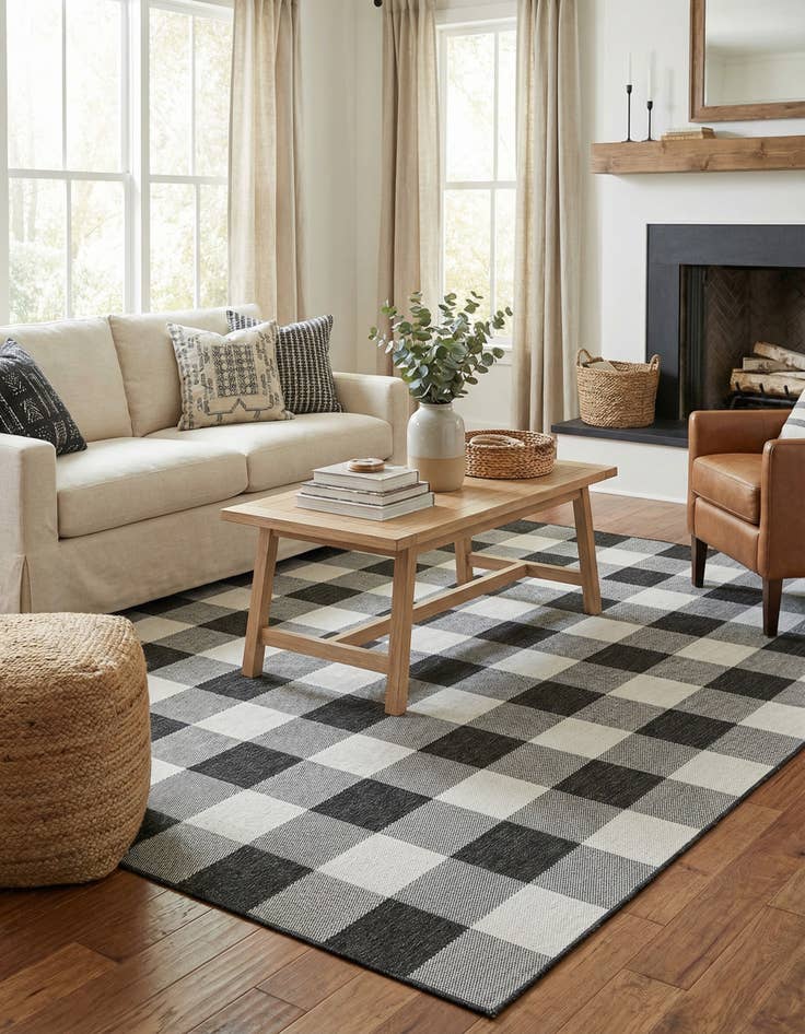 Detail image of 7' 10 x 7' 10 Washable Checkered Indoor / Outdoor Square Rug