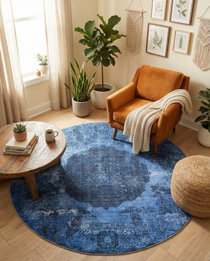 Blue 240cm x 240cm Washable Yara Rund Teppich