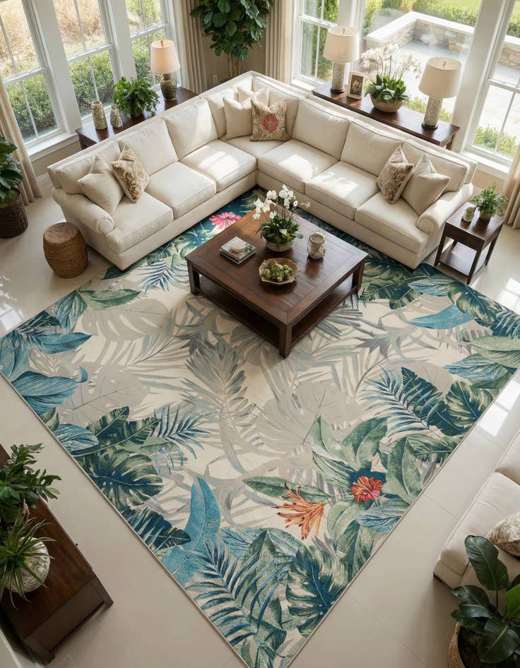 Detail image of  12' x 12'  Washable Botanical Indoor / Outdoor Square Rug