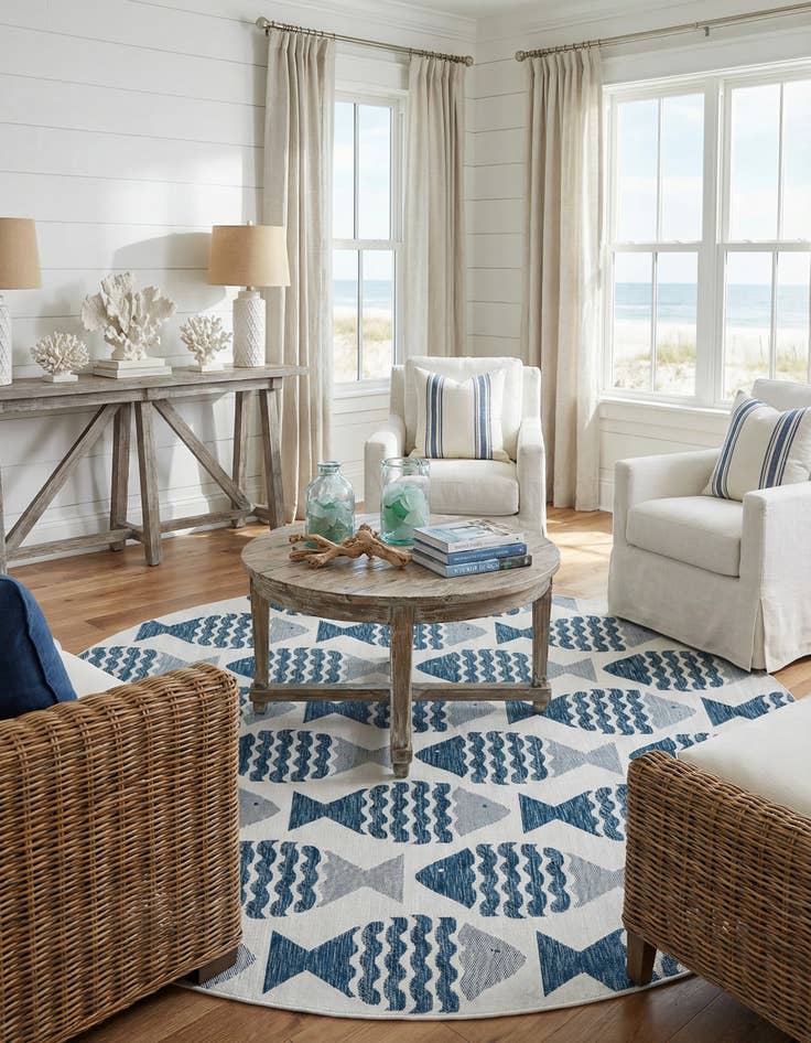 Detail image of 10' x 10' Washable Coastal Indoor / Outdoor Round Rug