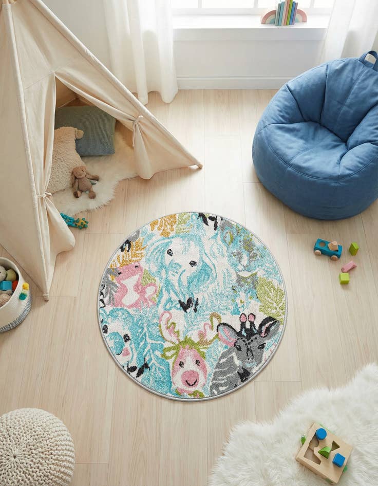 Detail image of 3' x 3' Animals Whimsy Kids Round Rug