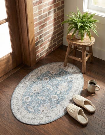Teal blue Washable Timeless Oval Rug