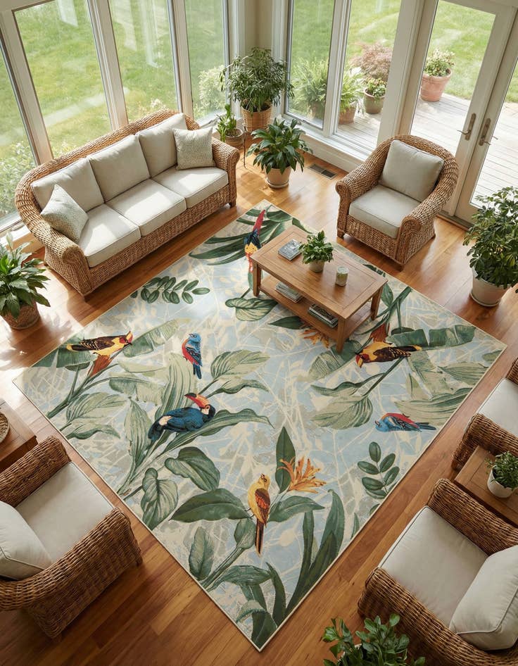 Detail image of 7' 10 x 7' 10 Washable Botanical Indoor / Outdoor Square Rug