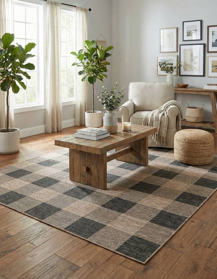 Detail image of 7' 10 x 7' 10 Washable Checkered Indoor / Outdoor Square Rug