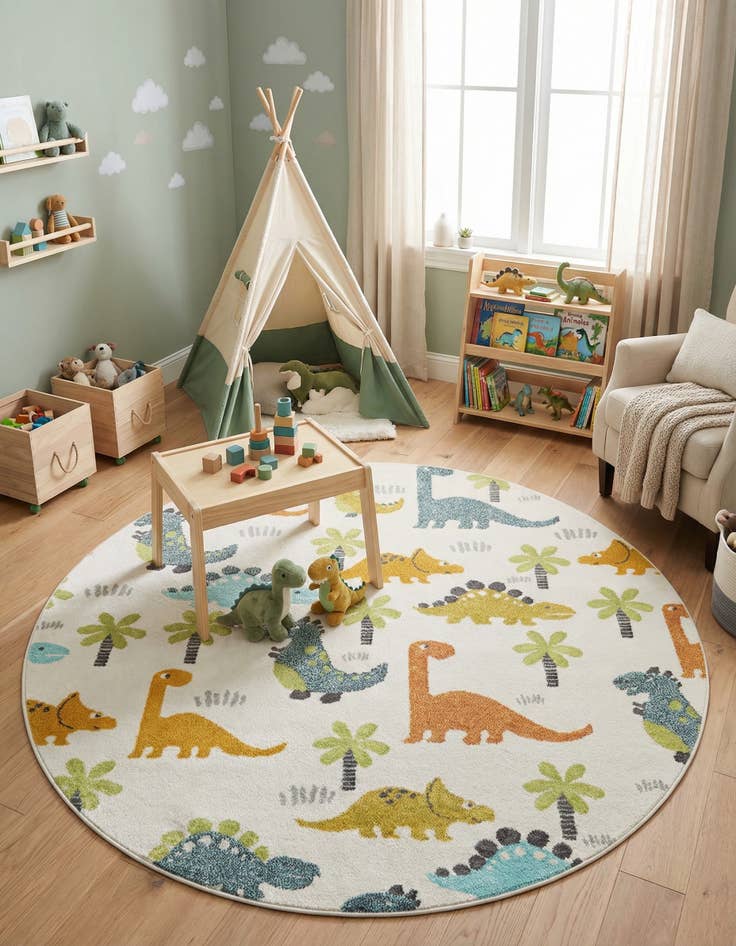 Detail image of 6' 1 x 6' 1 Dinosaur Whimsy Kids Round Rug