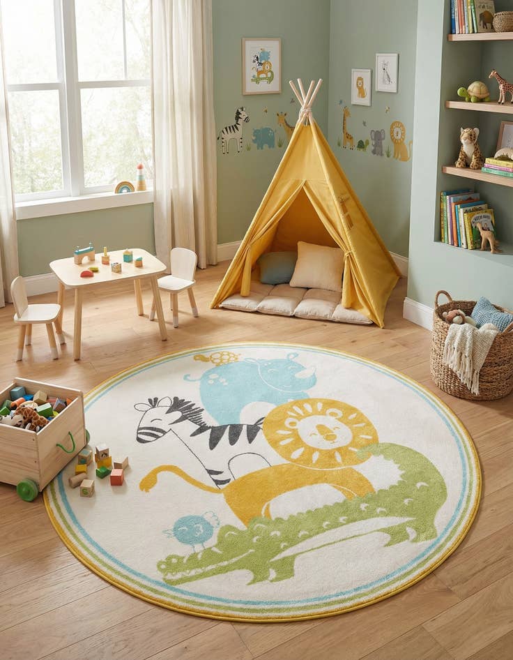 Detail image of 7' 10 x 7' 10 Animals Whimsy Kids Round Rug