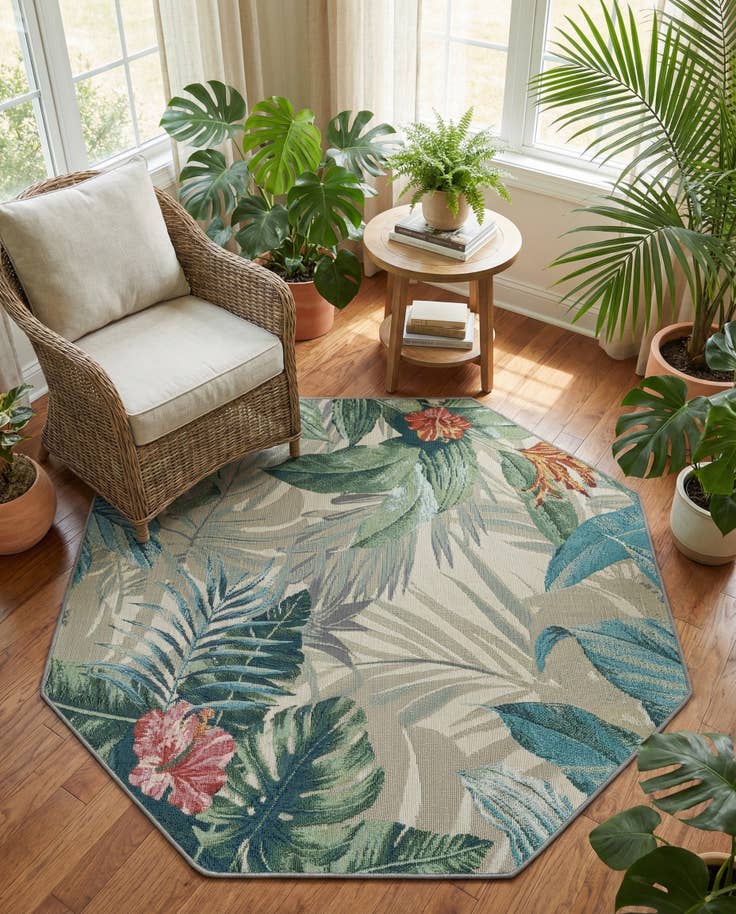 Detail image of 4' x 4' Easy-Clean Botanical Indoor / Outdoor Octagon Rug