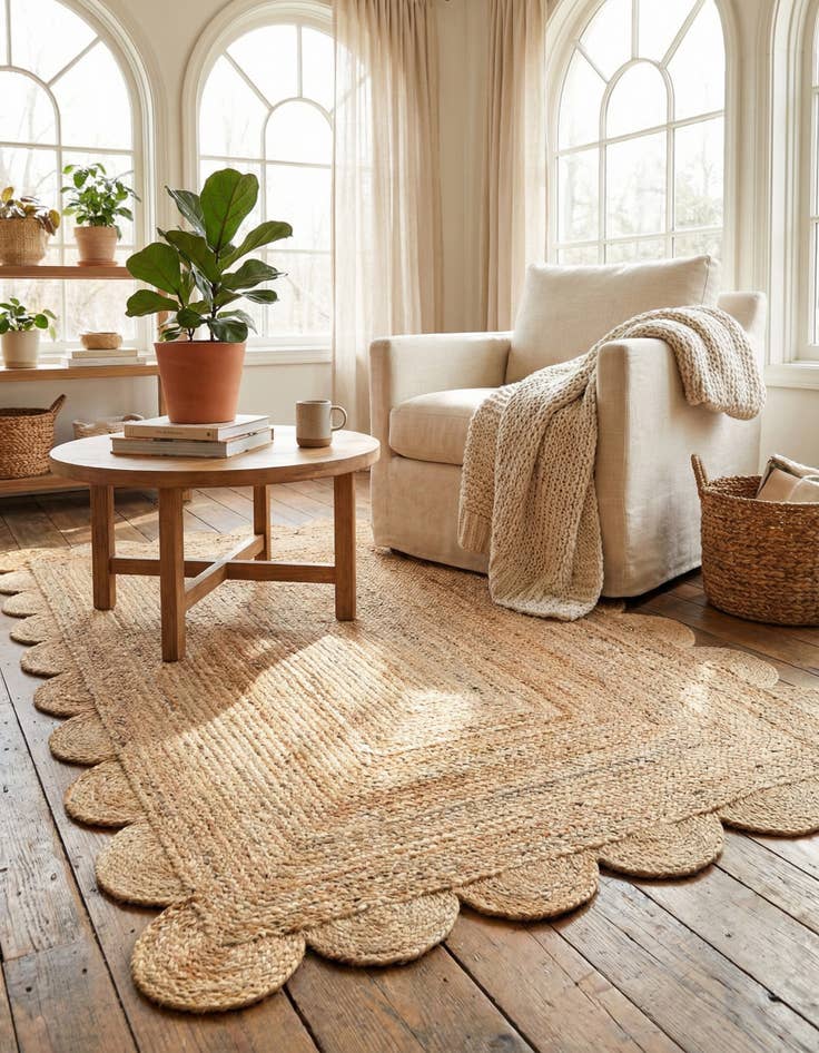 Detail image of 4' 1 x 6' 1  Hand Woven Scallop Braided Jute Rug