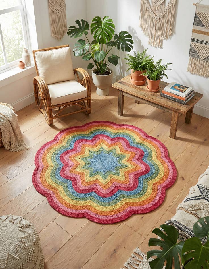 Detail image of 5' 1 x 5' 1 Hand Braided Happy Rugs Jawbreaker Poppy Round