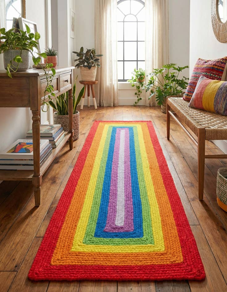 Detail image of 2' x 6' 1 Handmade Hand Braided Rainbow Wool Runner Rug