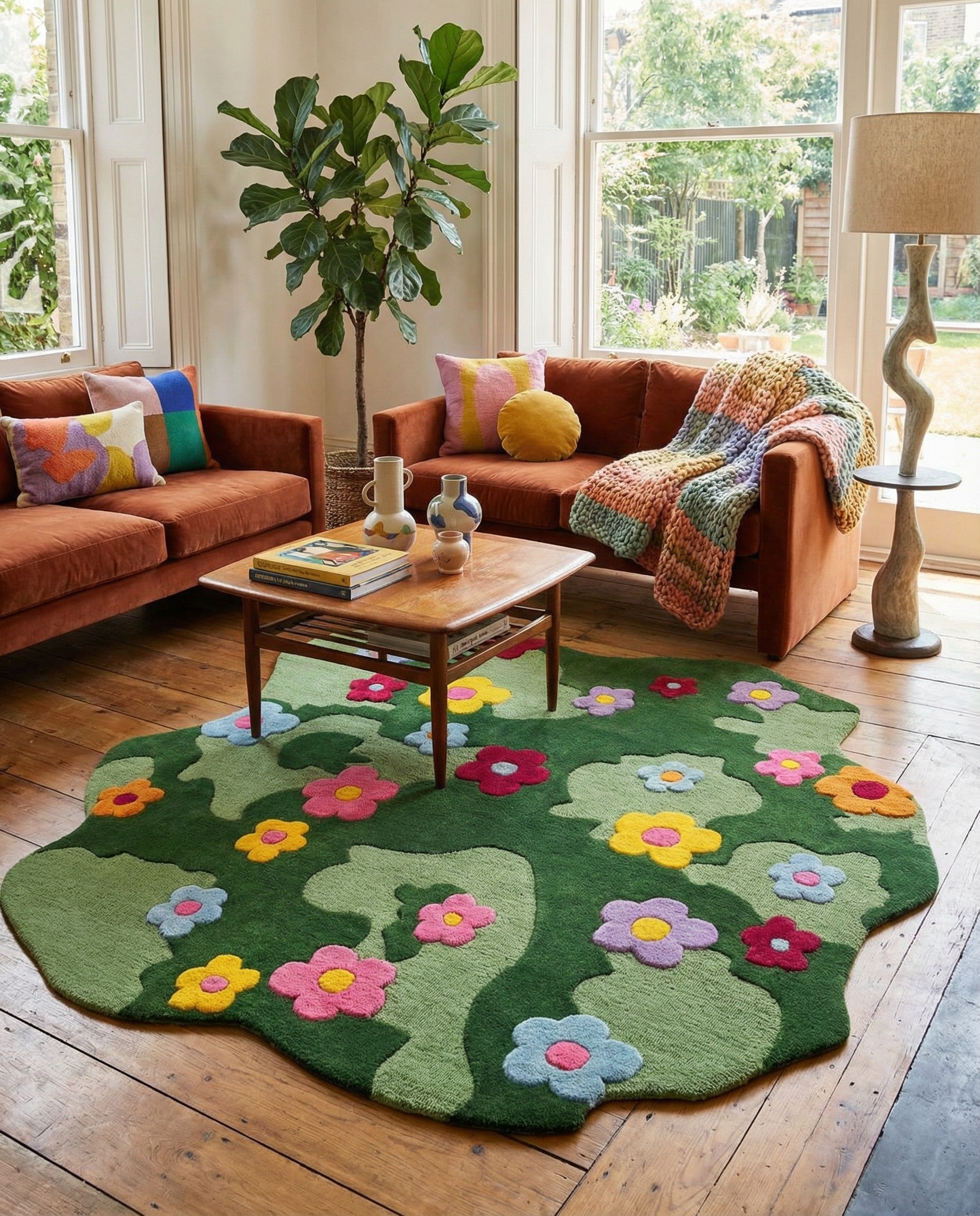Green 7' 1 x 7' 1 Happy Rugs Moss Funky Flower Wool Round | Rugs.com