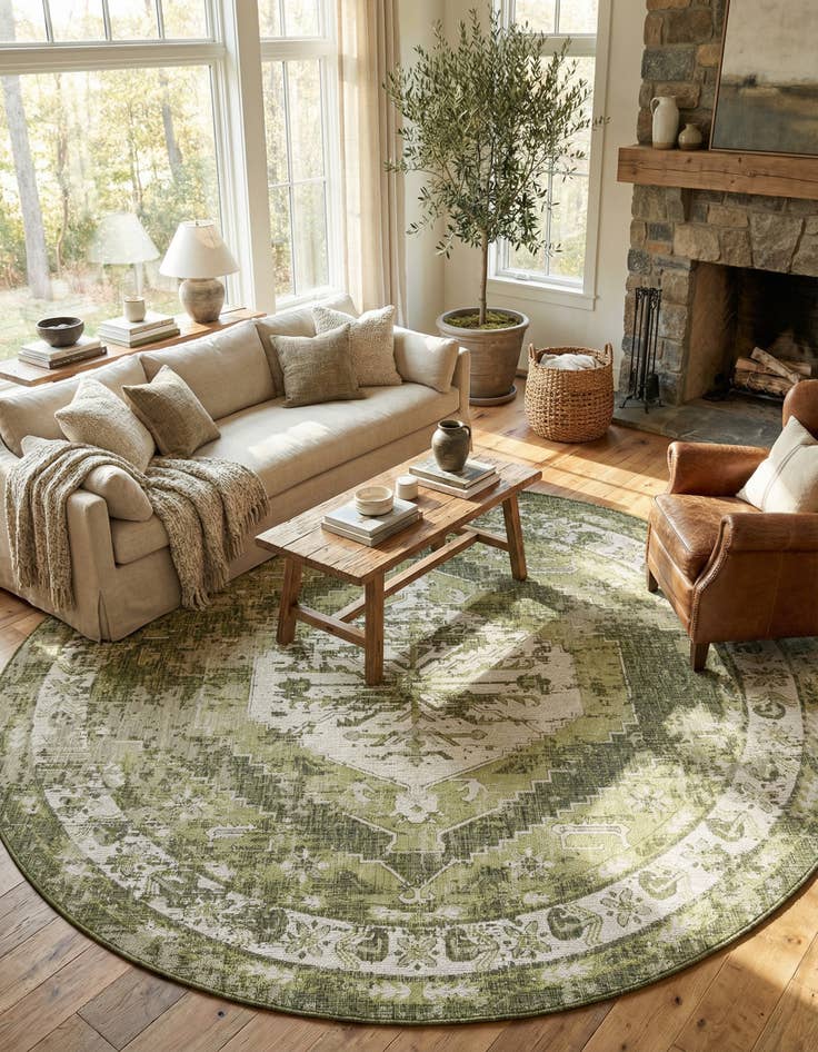 Detail image of 13' x 13' Easy-Clean Traditional Indoor / Outdoor Round Rug