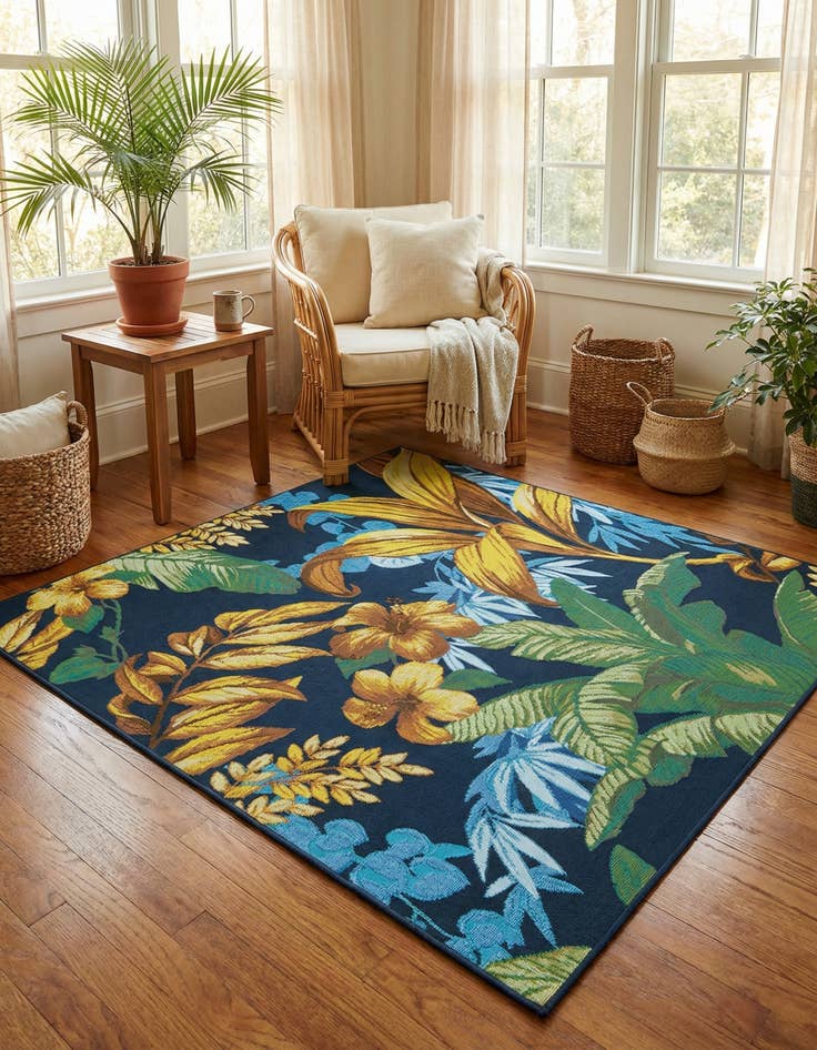 Detail image of 5' 3 x 5' 3 Washable Botanical Indoor / Outdoor Square Rug