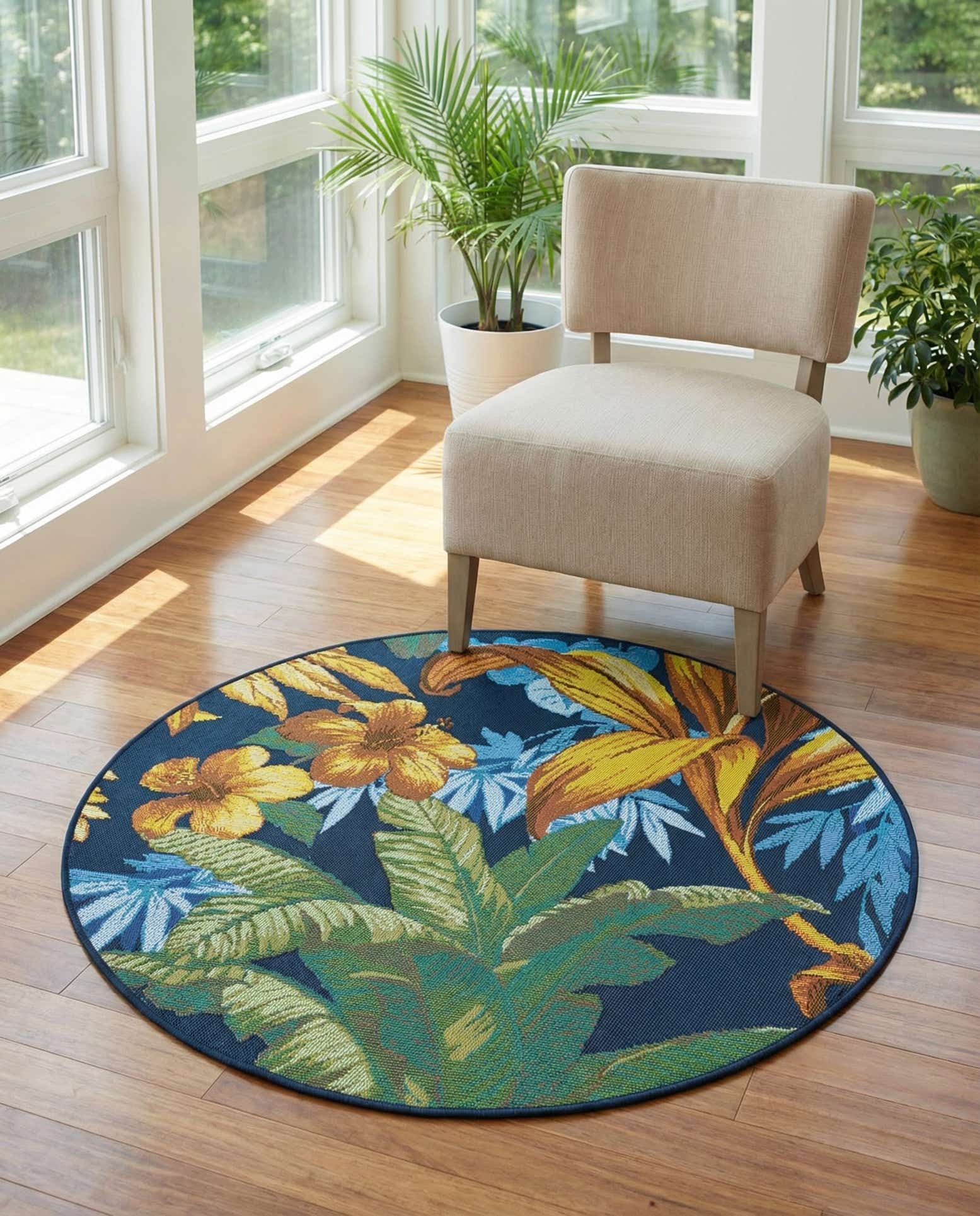 3' x 3' Easy-Clean Botanical Indoor / Outdoor Round Rug