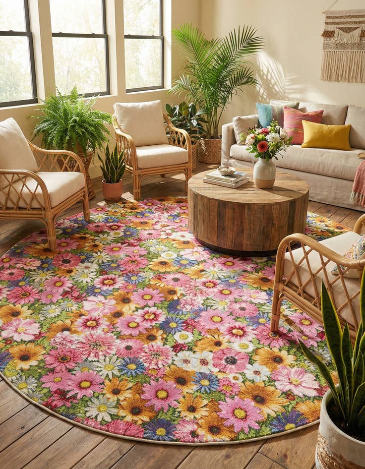 Detail image of 10' x 10' Washable Botanical Indoor / Outdoor Round Rug