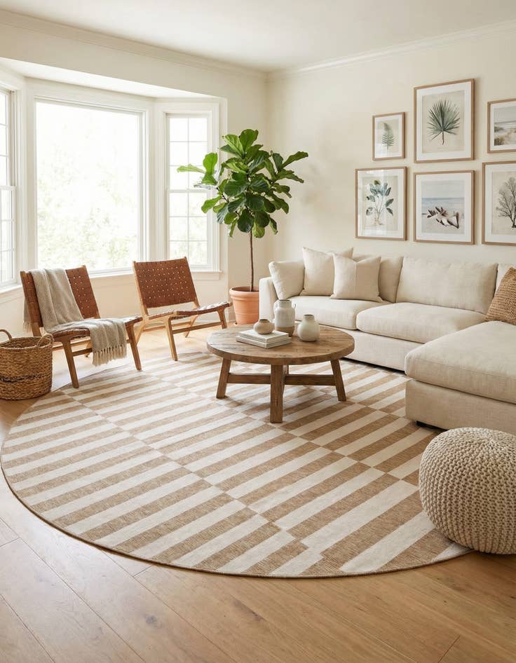 Detail image of 13' x 13'  Washable Striped Indoor / Outdoor Round Rug