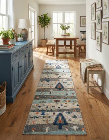Ivory Gray Blue Washable Vivid Runner Rug