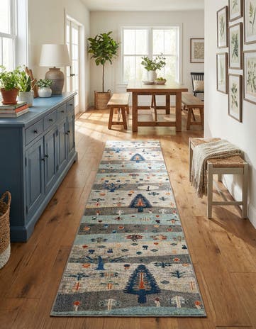 Ivory Gray Blue Washable Vivid Runner Rug