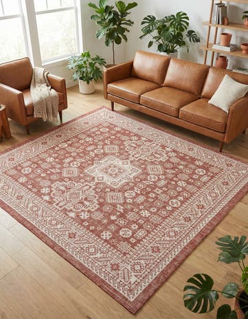 Rust Red Easy-Clean Aztec Indoor / Outdoor Square Rug