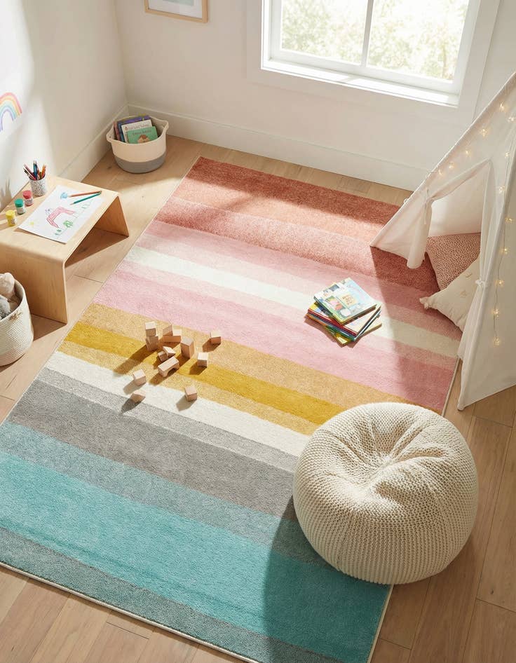Detail image of 5' 3 x 8' Rainbow Stripes Whimsy Kids Rug