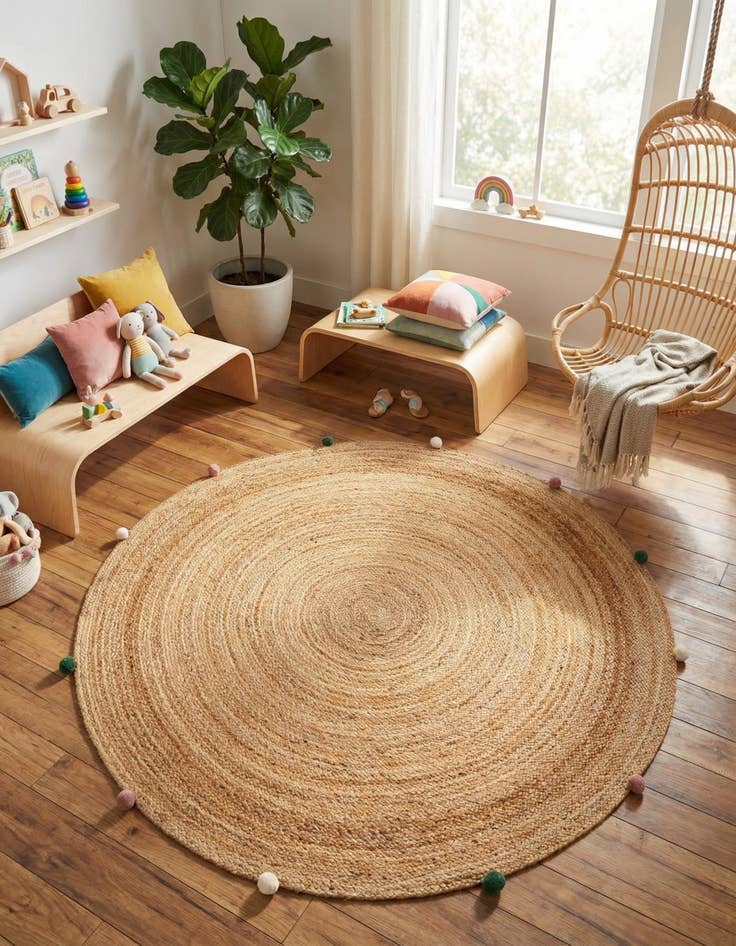 Detail image of 6' 1 x 6' 1  Hand Braided Kids Braided Jute Round Rug