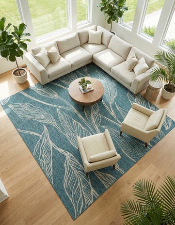 Teal Easy-Clean Botanical Indoor / Outdoor Square Rug