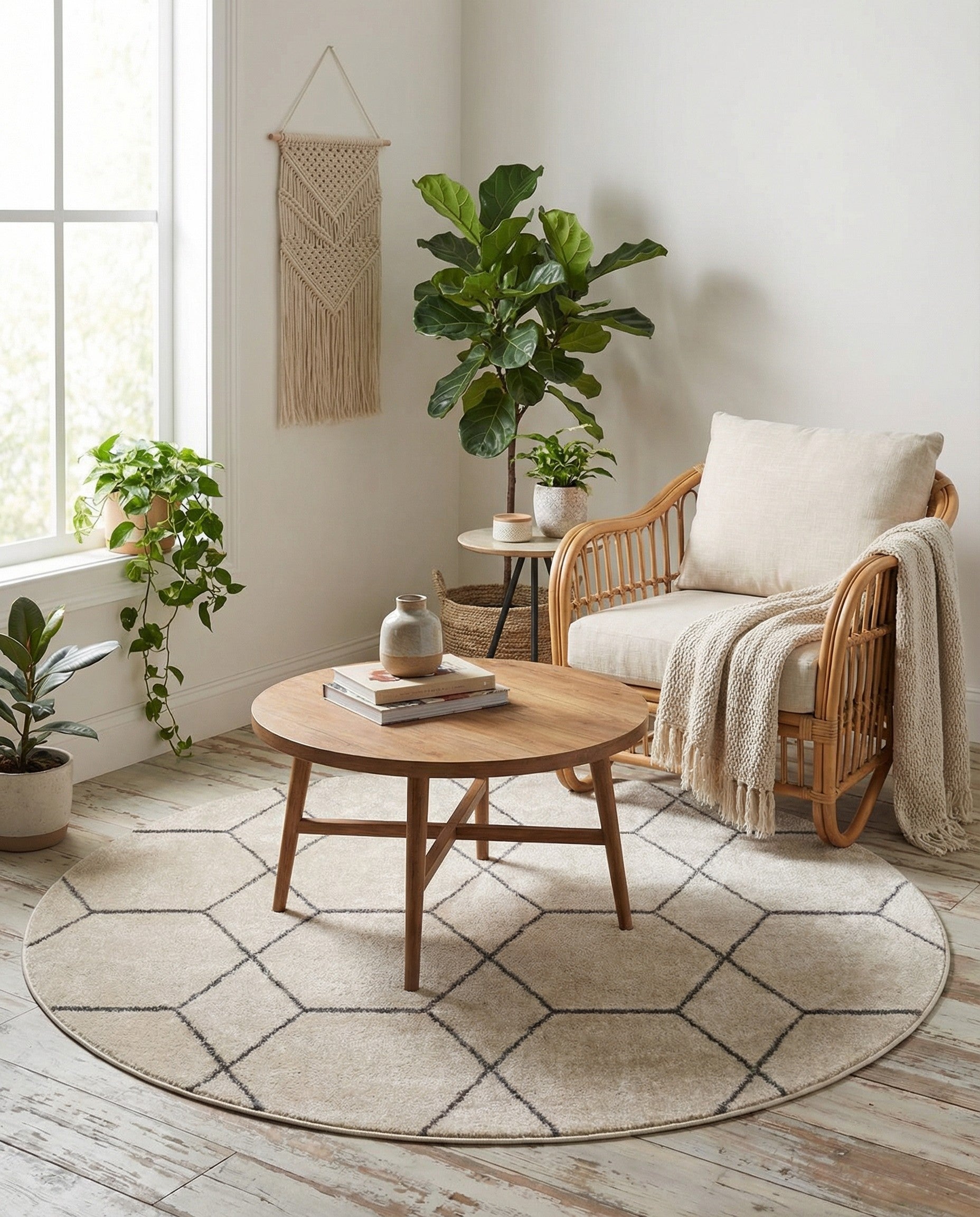 A 7' round ivory and cream rug with a modern black trellis pattern, perfect for a living room or bedroom.