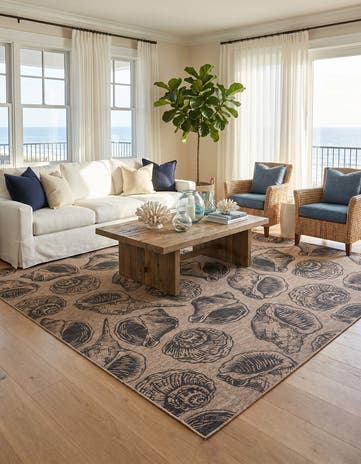 Brown and Black Easy-Clean Coastal Indoor / Outdoor Square Rug