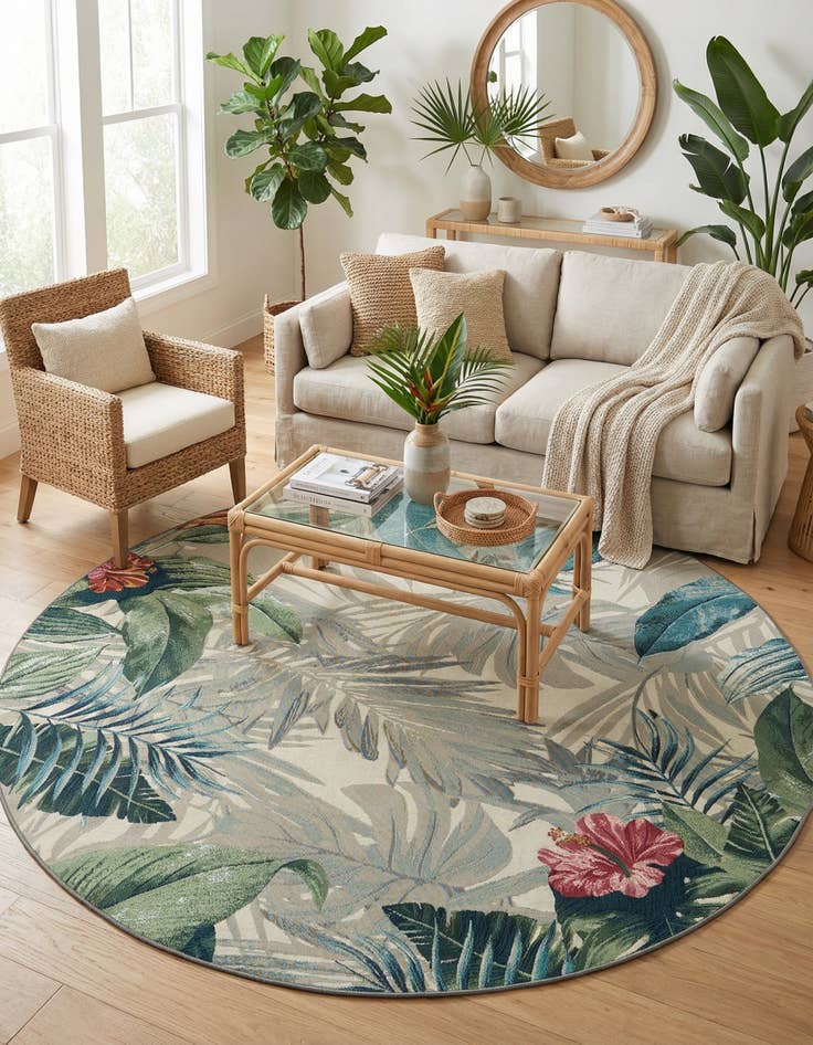 Detail image of 7' 10 x 7' 10 Washable Botanical Indoor / Outdoor Round Rug