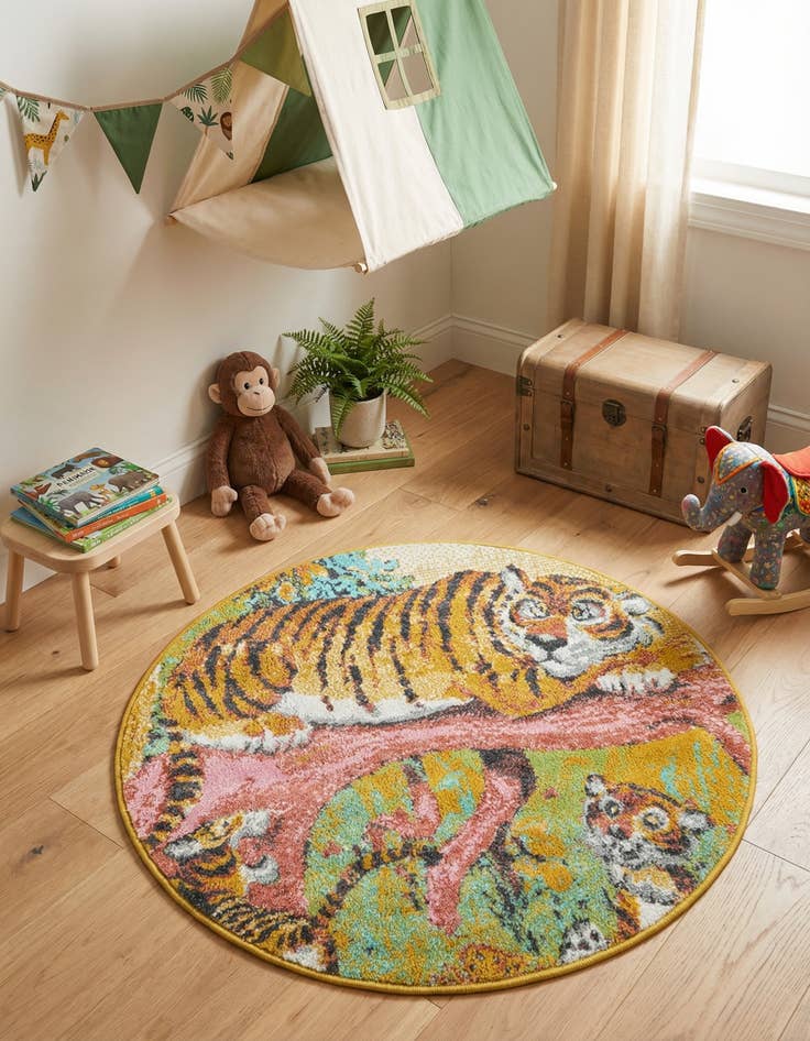Detail image of 3' 3 x 3' 3 Tiger Whimsy Kids Round Rug