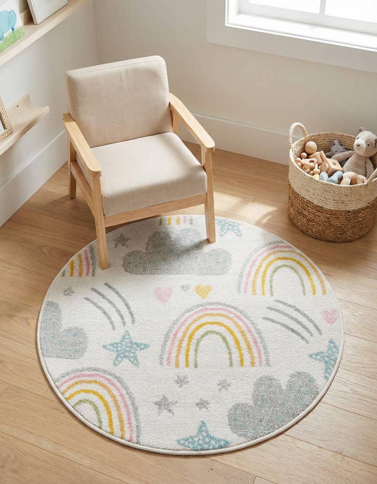 Detail image of 3' 3 x 3' 3 Clouds and Rainbows Whimsy Kids Round Rug