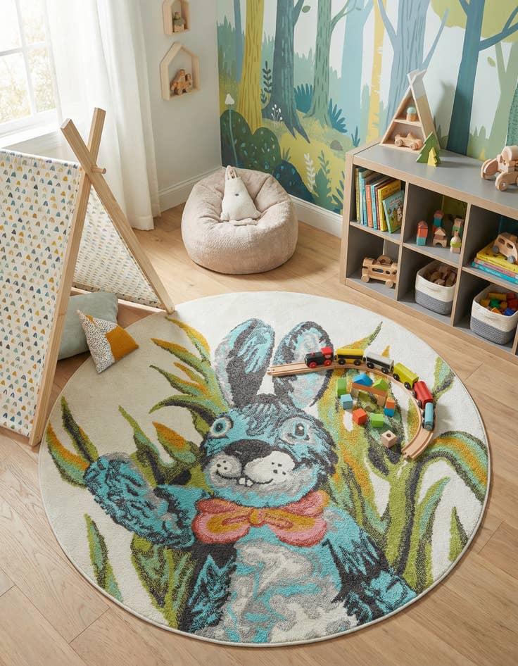 Detail image of 5' 1 x 5' 1 Rabbit Whimsy Kids Round Rug