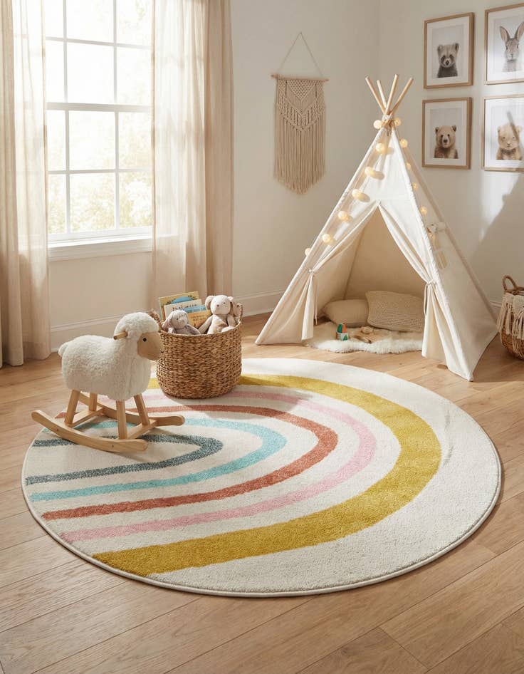 Detail image of 4' 1 x 4' 1 Rainbow Whimsy Kids Round Rug